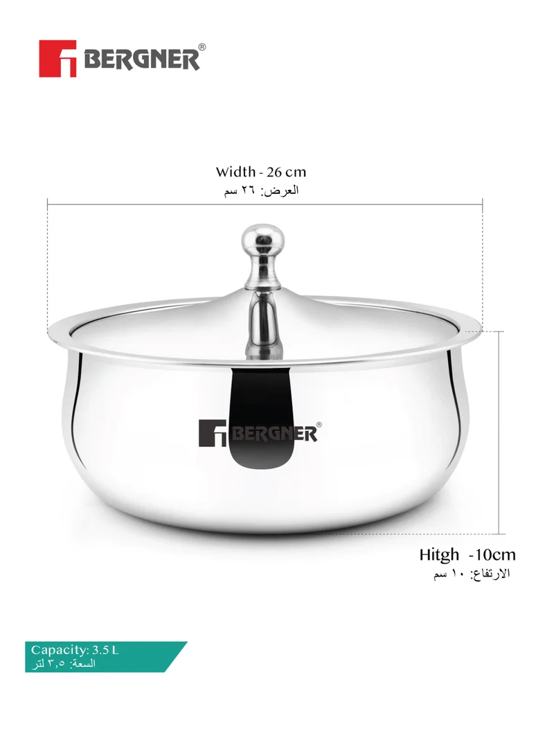 بيرجنر Bergner Vienna Stainless Steel Insulated Hot Pot 26cm (3.5L), Double-Walled Casserole with Lid for Keeping Food Warm & Fresh, Cast Steel Knob, Durable Serving Pot for Rice Roti Curries
